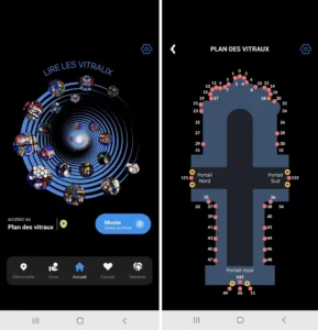Capture d'écran de l'application Lire les vitraux de Chartres avec le plan interactif et la reconnaissance des vitraux